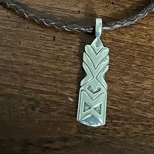 Na Hoku Silver Tiki Pendant on Brown Leather Braided Necklace